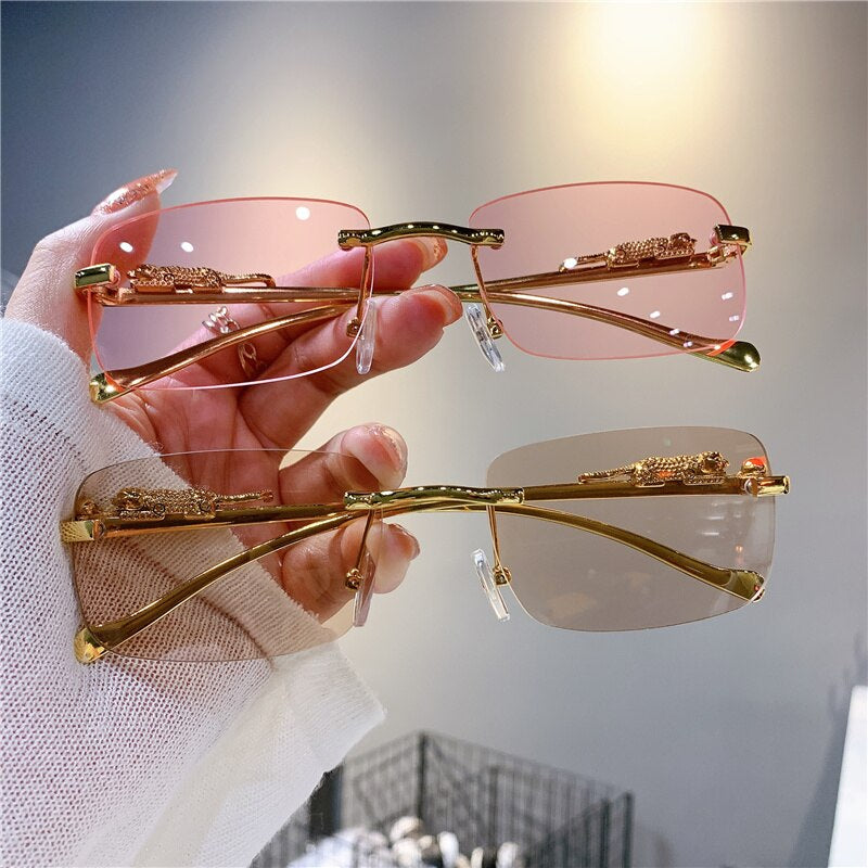 Vintage Sunglasses Rimless Cut Edge Women'S Sunglasses Fashion Designer Shades Luxury Golden Leopard Frame Sunglasses UV400