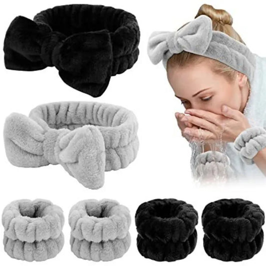 3Pcs/Set Face Wash Wristband Headband Set Fleece Skincare Bowtie Hair Band Wrist Cuffs for Makeup Shower Teen Girls Headbands