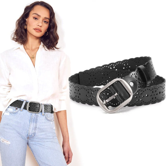 Women Leather Belts Hollow Flower Black Belt for Ladies Jeans